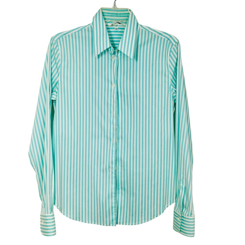 Loro Piana Women's White And Aqua Striped Button Up Blouse Sz M/10 IT 44